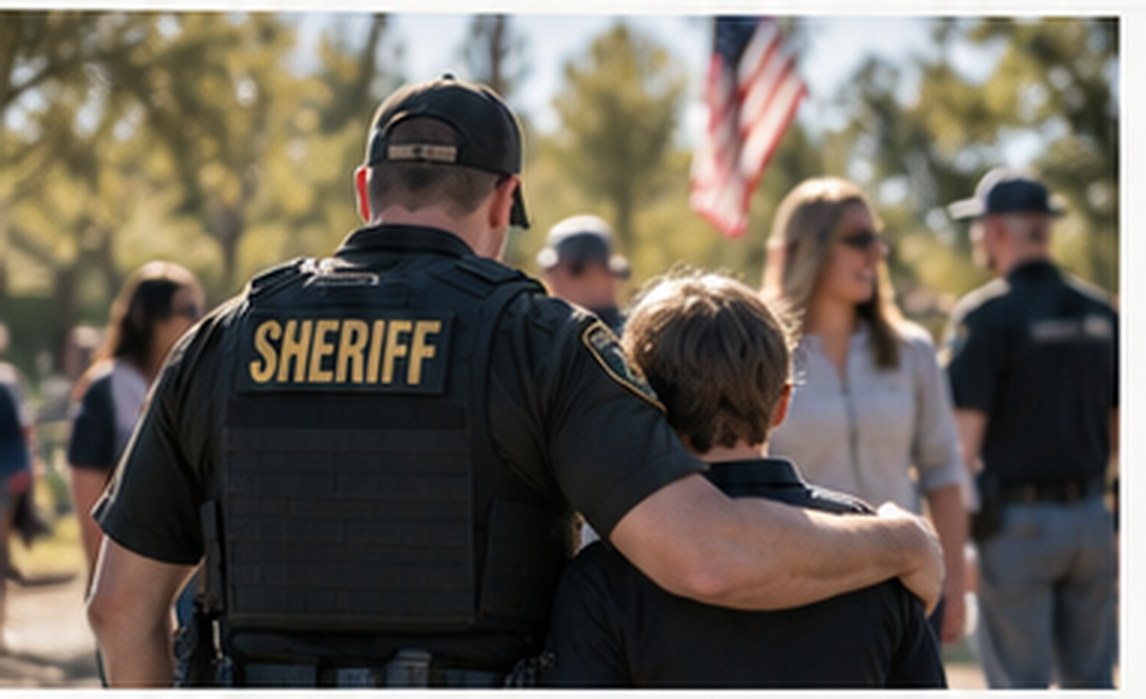 A deputy with his arm around a young boy at a community gathering