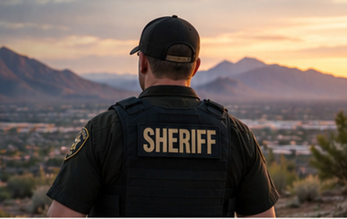 A sheriff’s deputy looking out over the Phoenix valley at sunset