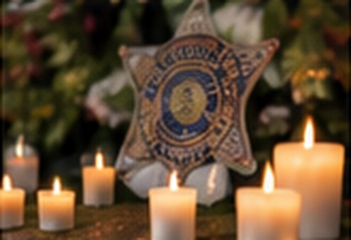 Candles and a sheriff’s badge at a memorial