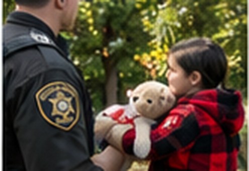 A deputy handing a teddy bear to a child